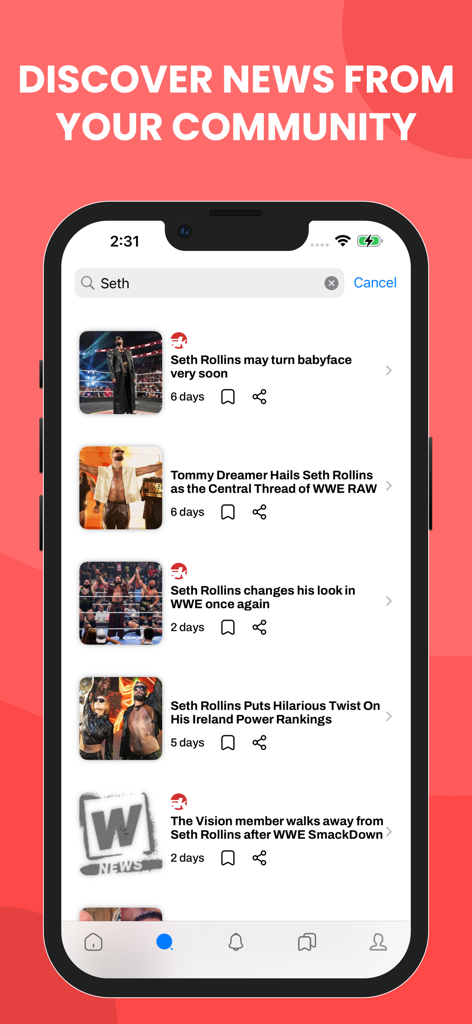 モバイル電話画面。セス・ロリンズに関するニュース記事のリストが表示されています。