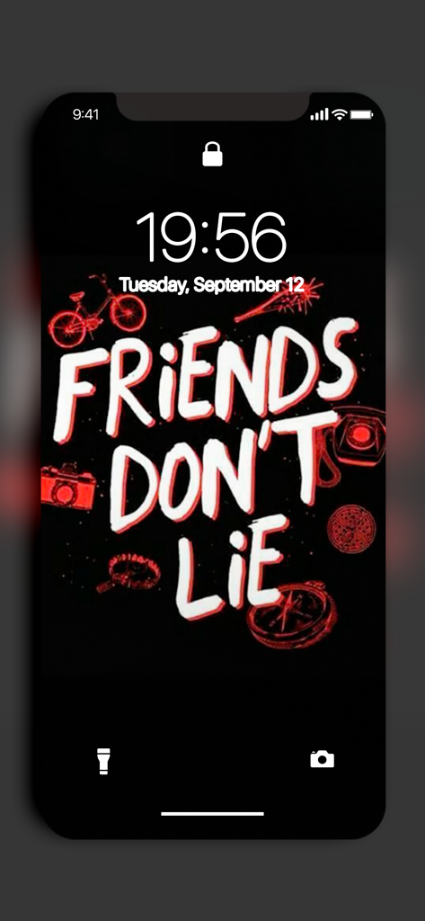 Sfondo per cellulare Stranger Things Friends Dont Lie sulla schermata di blocco dell'iPhone.