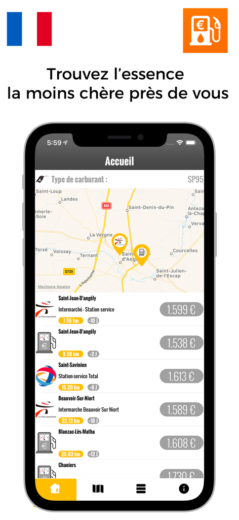 Benutzeroberfläche der Prix carburant App, die Tankstellenstandorte und Kraftstoffpreise auf einer Karte anzeigt