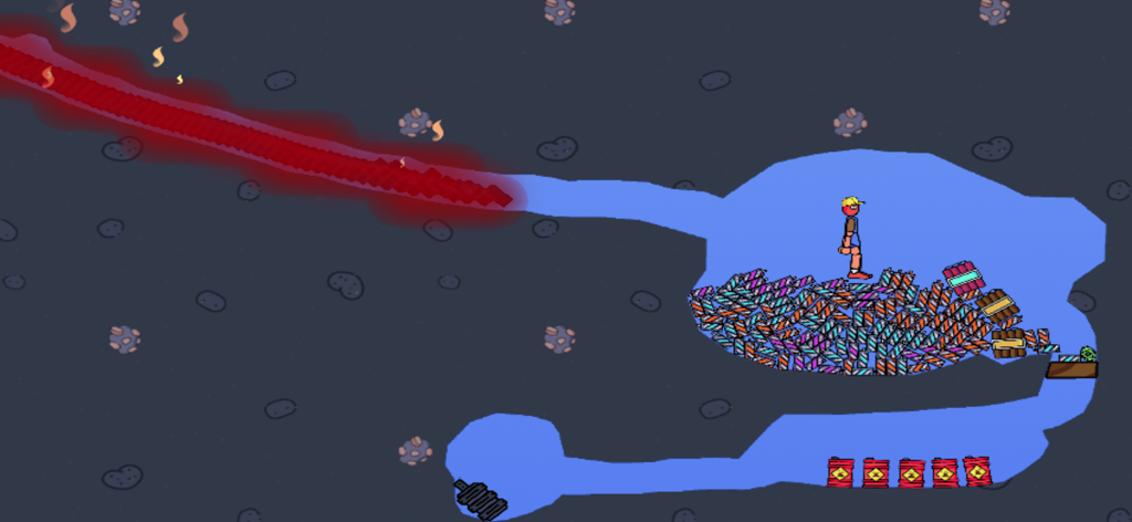 Water Box: Sandbox Playground - Gameplay screenshot of a ragdoll character in a water chamber with lava flow and physics elements