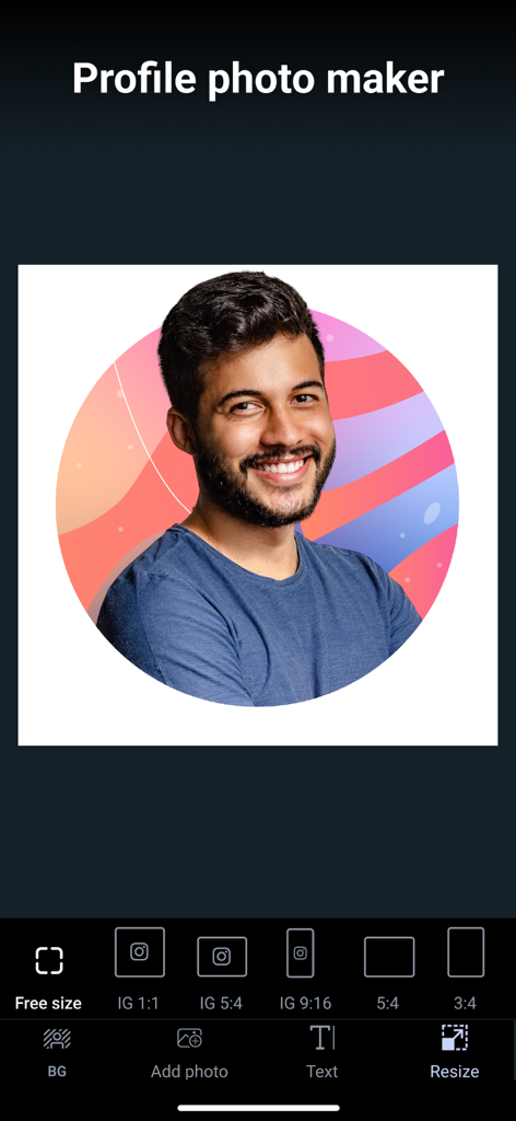 Remove background - snap edit - Interface showing a profile photo maker tool with social media resize options and a man portrait on a colorful background