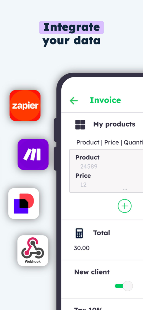 Interfaz móvil que muestra la integración de datos de Kizeo Forms con Zapier y Webhooks para facturas automatizadas