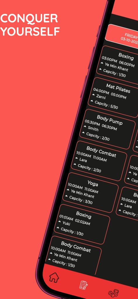 Go Fitness Gym - Go Fitness Gym app screen showing a workout schedule with classes like boxing and pilates