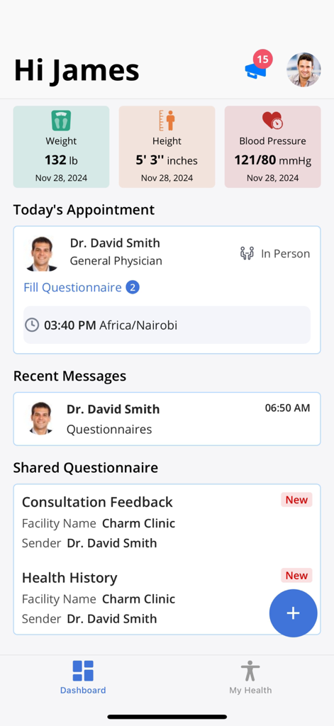 Charm mPHR - Charm mPHR dashboard displaying patient vitals today's appointment details and recent messages