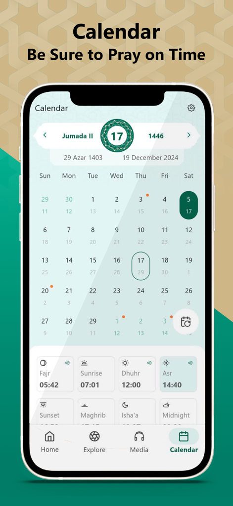 Shia Muslim app calendar screen showing daily prayer times and Hijri dates