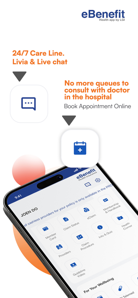 eBenefit mobile app showing medical insurance features and online doctor appointment booking