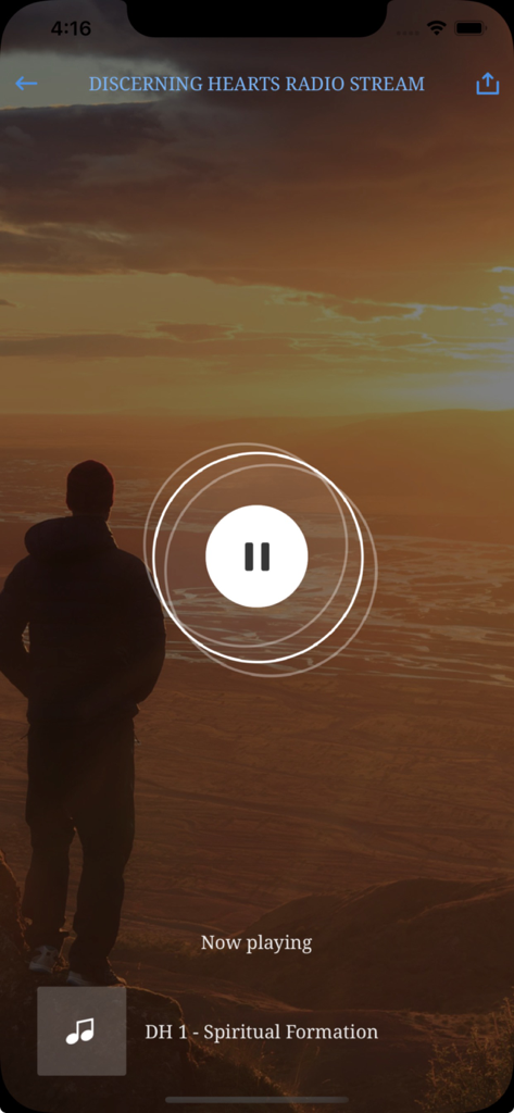 Discerning Hearts - Discerning Hearts app radio stream interface showing the Spiritual Formation track playing