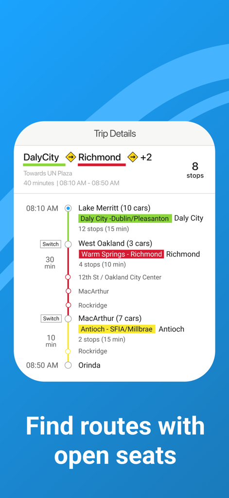 Live BART - Tela do aplicativo Live BART mostrando detalhes da viagem com paradas de estação e contagens de vagões