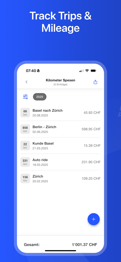 Easy Travel Expenses - Ein mobiler App-Bildschirm, der eine Liste von Geschäftsreisen und erfassten Kilometerkosten anzeigt