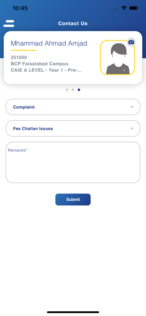 Contact Us page in the Beaconhouse App with a student profile and submission form for complaints and fee issues