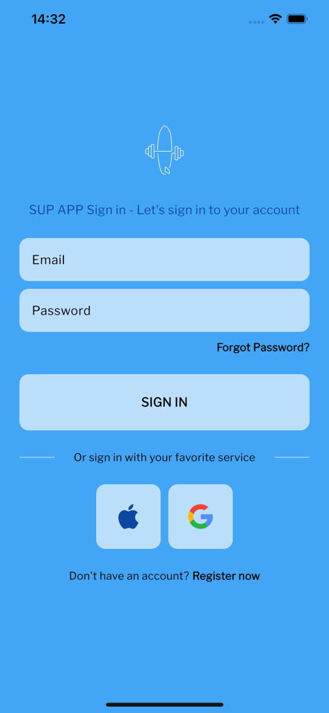 The Sup App - Apple 및 Google 소셜 로그인 옵션이 있는 이메일 및 비밀번호 필드가 있는 The Sup App 로그인 화면