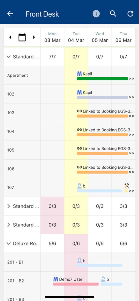 eGlobe PMS - Digital room booking calendar and availability dashboard on the eGlobe PMS mobile app