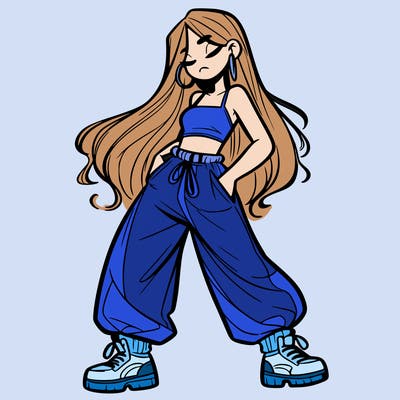 girl in baggy pants crop top and long hair