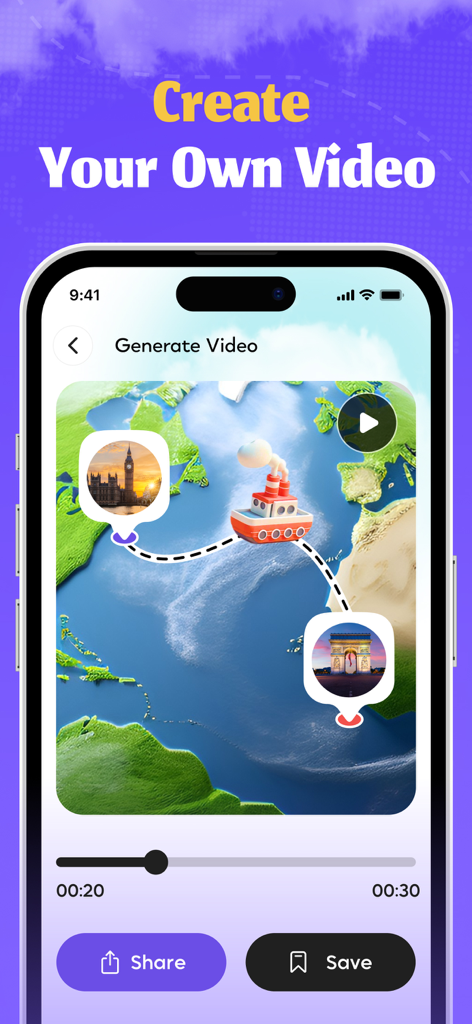 Mobile app screen showing a 3D map animation of a travel route with a boat and landmark photos