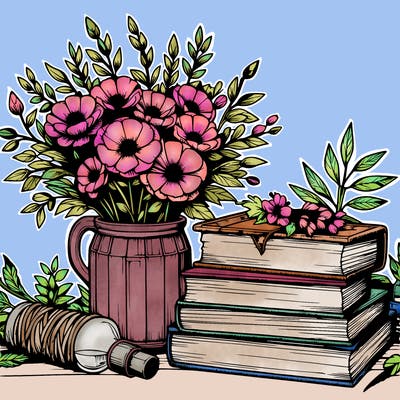 rustic books and beautiful flowers realistic