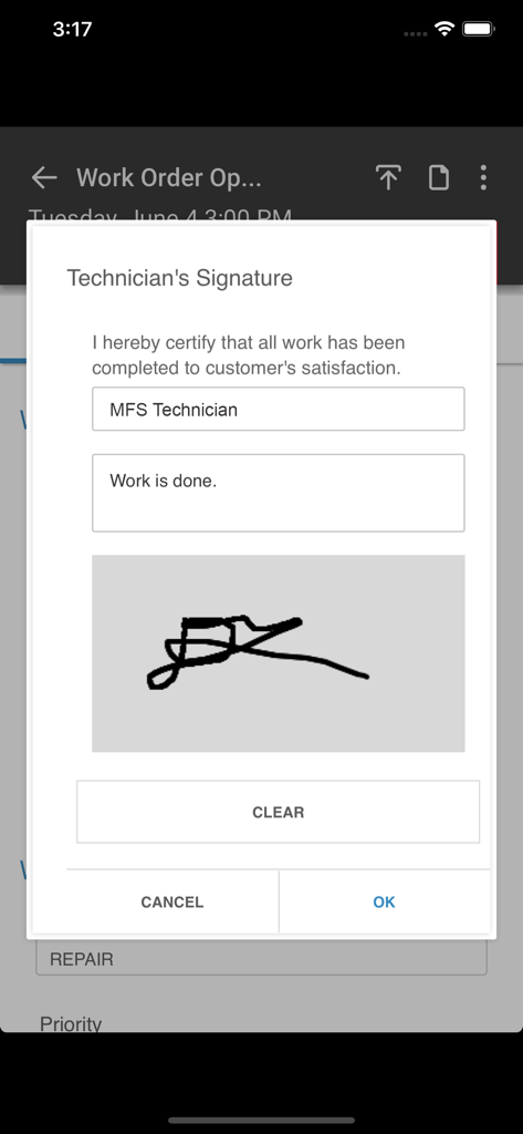 Field service technician digital signature interface in Infor MFS Cloud app