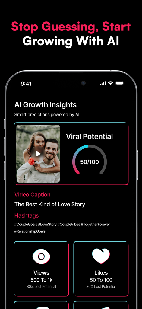 Oberfläche der Go Viral App, die KI-gestützte Vorhersagen für Videointeraktionen zeigt, einschließlich viraler Potenzialbewertung und prognostizierter Aufrufe.