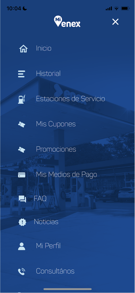 Mi Enex - Navigation menu of the Mi Enex app featuring service stations coupons and payment methods