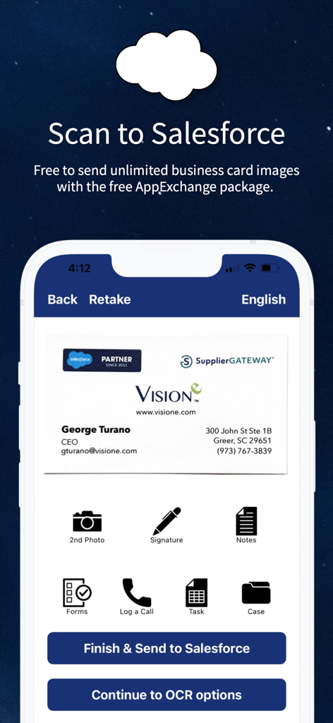 Visione app screen displaying a business card scan with options to sync data directly to Salesforce including logging calls and creating tasks