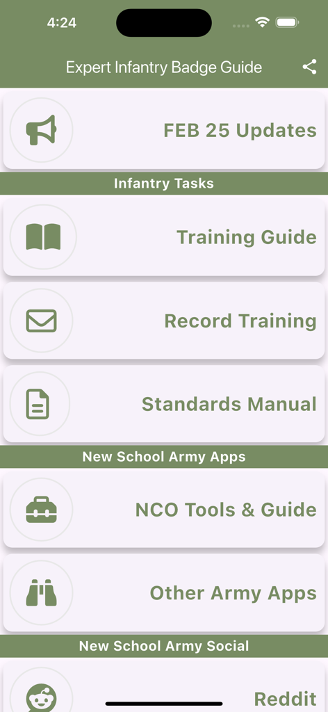 Main menu of the Expert Infantry Badge Guide app featuring training guides and infantry tasks