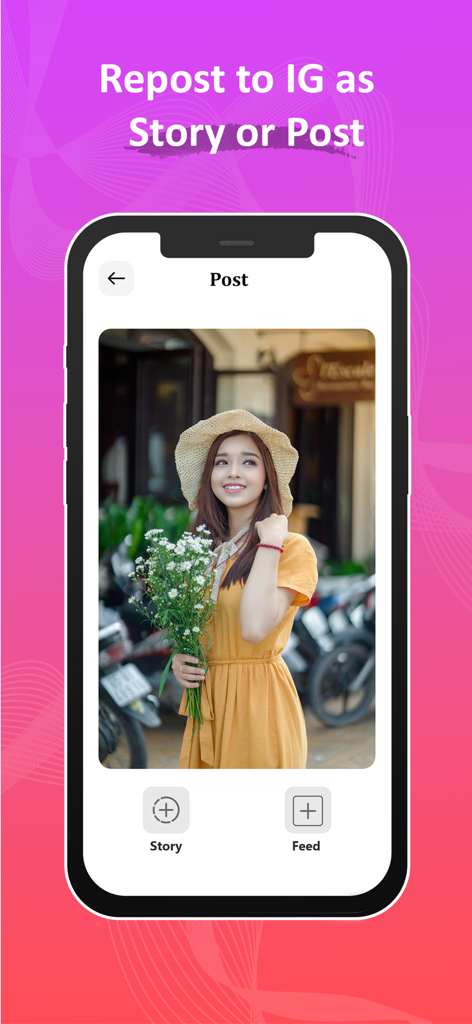 InstSaver - InstSaver app interface showing options to repost a photo as an Instagram Story or Feed post.