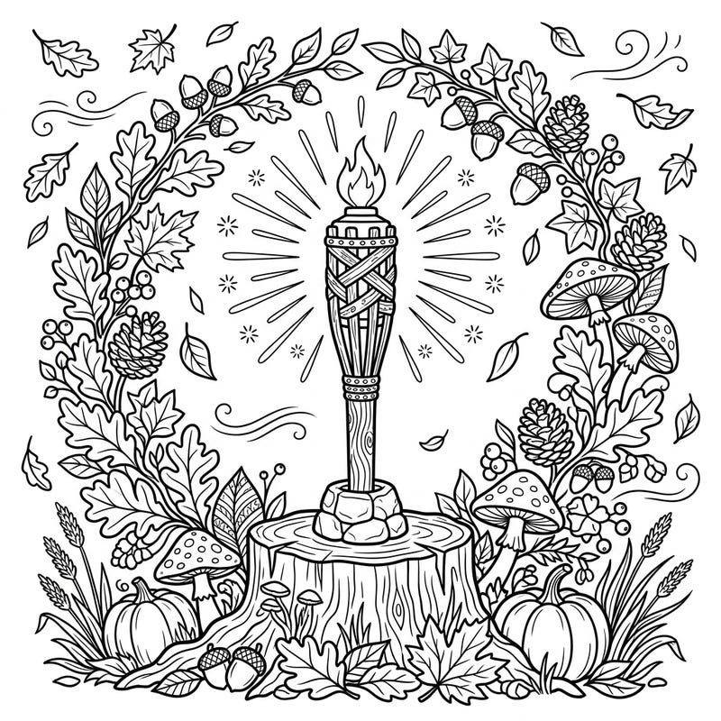 Embrace the warmth of fall with this enchanting Cottagecore torch coloring page. Dive into a delightful scene filled with autumn leaves, rustic elements, and the soft glow of a torch.