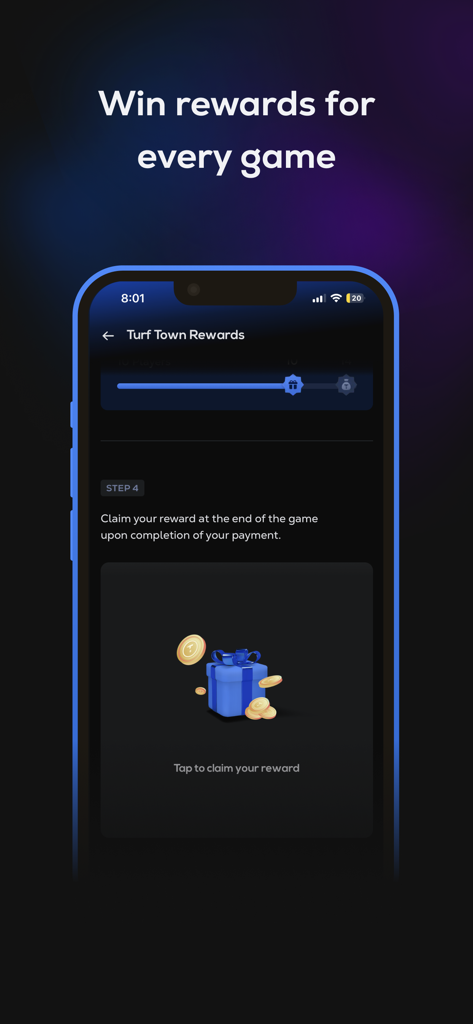 Ein mobiler Bildschirm aus der Turf Town App, der den Belohnungsbereich mit einer beanspruchbaren Geschenkbox und Goldmünzen zeigt