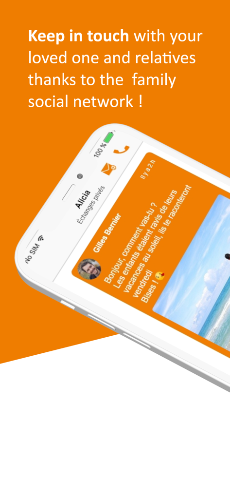 Aplicativo Korian Family mostrando uma mensagem privada e foto compartilhada entre membros da família.