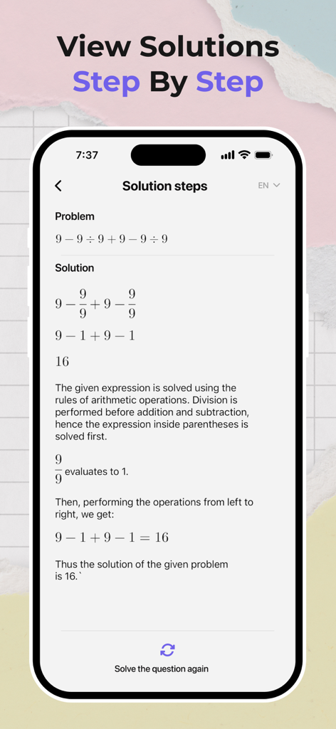 Math Solver - Homework Helper - Mobile app screen showing a detailed step-by-step math problem solution for an arithmetic expression