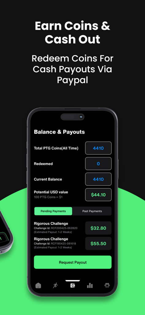 PaidToGo - Walk & Earn Cash - PaidToGo mobile app interface displaying balance and cash out options for earned coins via PayPal