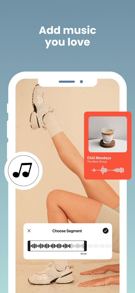 Oberfläche der Storybeat-App, die die Funktion zum Hinzufügen von Musik zu einem Video mit einem Segmentselektor und einem Musikaufkleber zeigt.