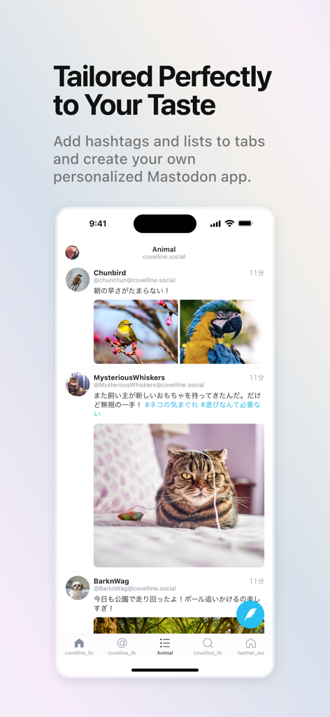 feather for Mastodon - Una captura de pantalla de la interfaz de la aplicación feather para Mastodon mostrando un feed personalizado con publicaciones relacionadas con animales y una navegación de pestañas única.