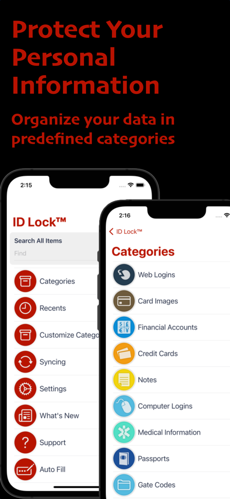 ID Lock - Secure Data Manager - ID Lock app interface showing data organization into predefined categories like bank accounts and credit cards.