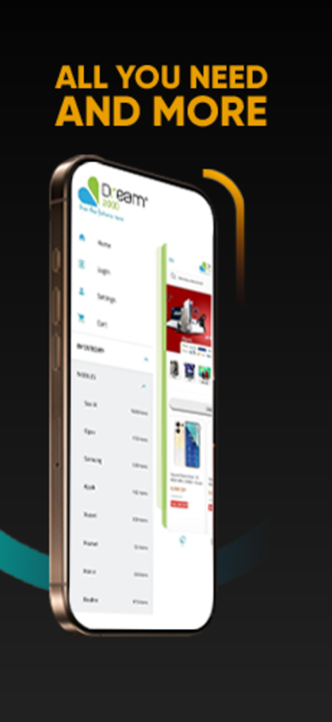 Smartphone displaying the navigation menu and mobile brand categories on the Dream2000 shopping app.