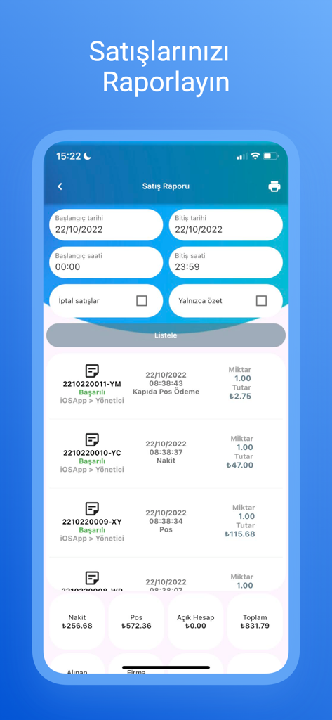 BenimPOS Pro mobile app sales report screen displaying transaction history and daily totals.