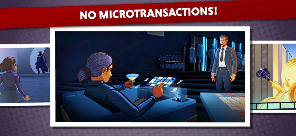 Stilisierte Spionage-Grafik aus der Codenames-App mit einem Banner, das auf fehlende Mikrotransaktionen hinweist.