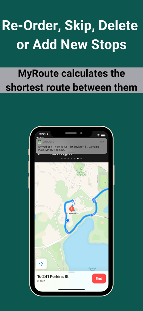 MyRoute app interface displaying a map route with multi-stop optimization features to reorder, skip, and delete stops