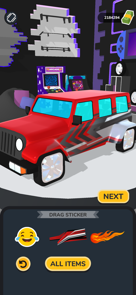 Car Master 3D - Un SUV rosso con adesivi geometrici in fase di personalizzazione in un'officina di garage 3D