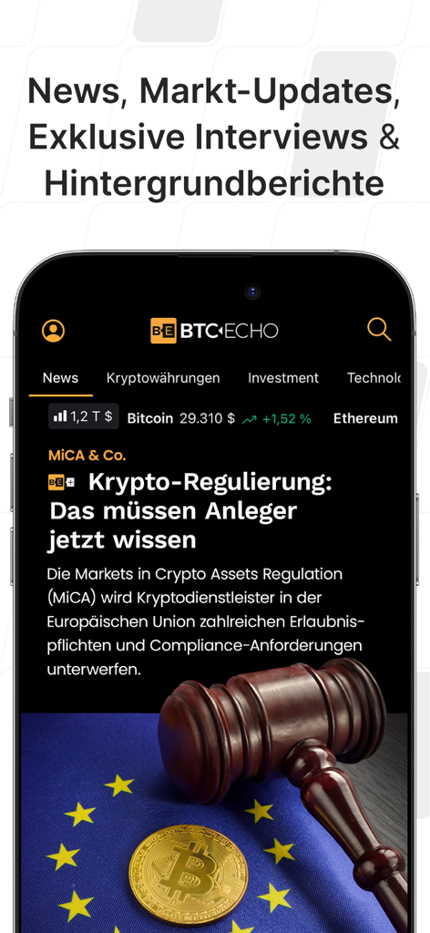BTC-ECHO Bitcoin & Krypto News - BTC-ECHO mobile app interface displaying crypto regulation news and market updates