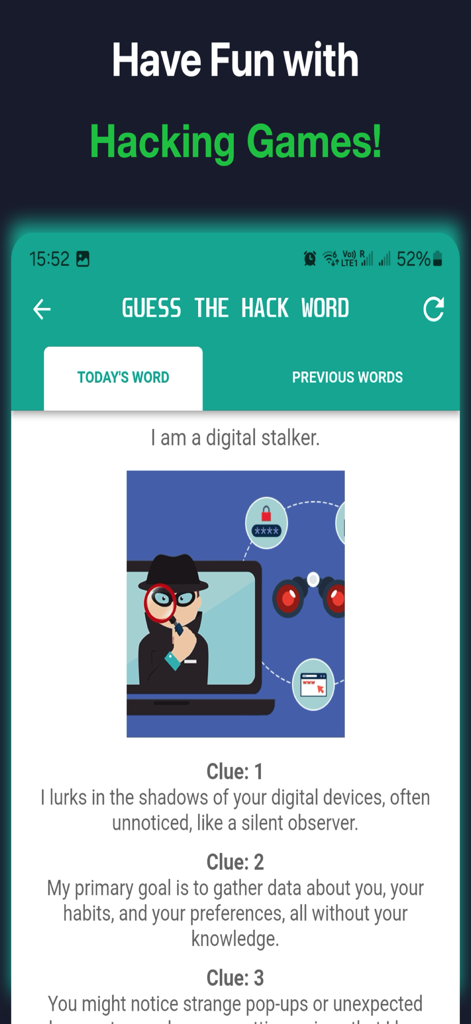 Ethical Hacking University App - Guess the hack word game screen in the Ethical Hacking University app