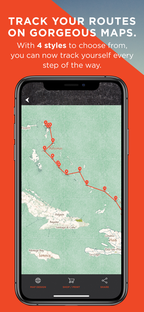 Journo app interface showing a tracked travel route with numbered waypoints on a vintage style map of the Caribbean.