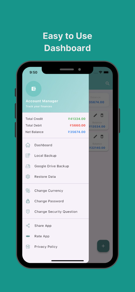 Day-to-day Expenses - Menú de navegación lateral de la aplicación de finanzas Gastos Diarios que muestra totales de cuentas y opciones de configuración