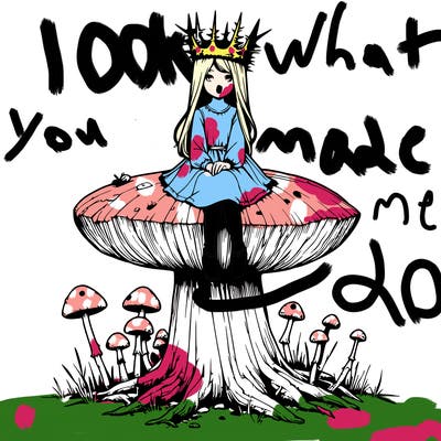 realistic girl sitting on a huge tree stump size toadstool with thorn crown