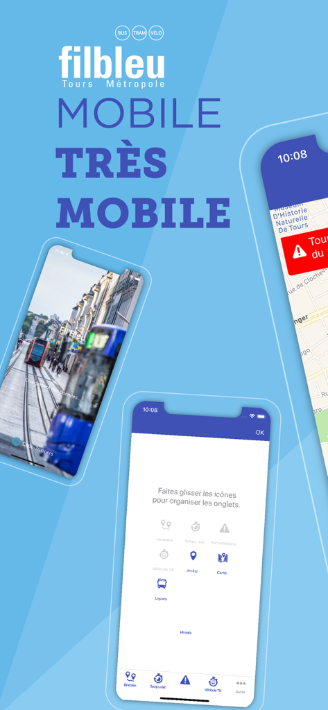 Fil Bleu - Fil Bleu mobile transit app interface featuring route planning and real-time tracking screens for Tours Metropole