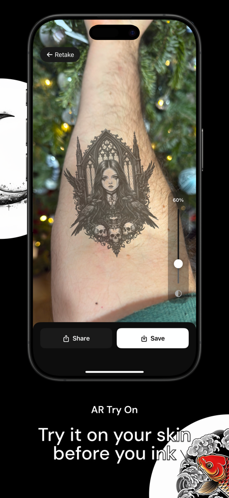 TatGlow: AI Tattoo Generator - Augmented reality preview of a tattoo design on skin using the TatGlow app