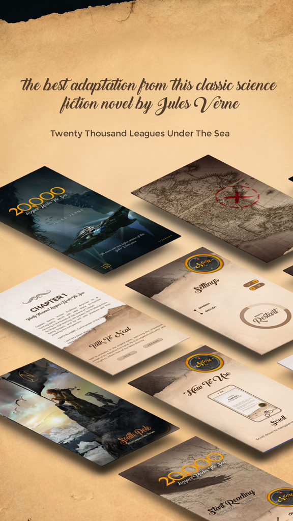 20000 Leagues Under the Sea - Interactive Fiction - Screenshots of the 20000 Leagues Under the Sea interactive fiction app showing various game screens