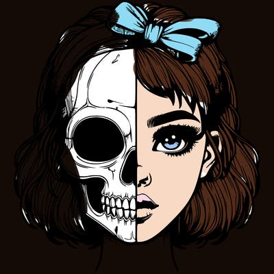 realistic girl with half skull mask
