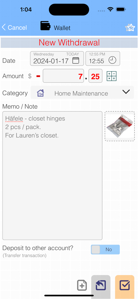 Una pantalla móvil que muestra una entrada de retiro manual en Evo Wallet con fecha, monto, categoría y una nota para suministros de mantenimiento del hogar