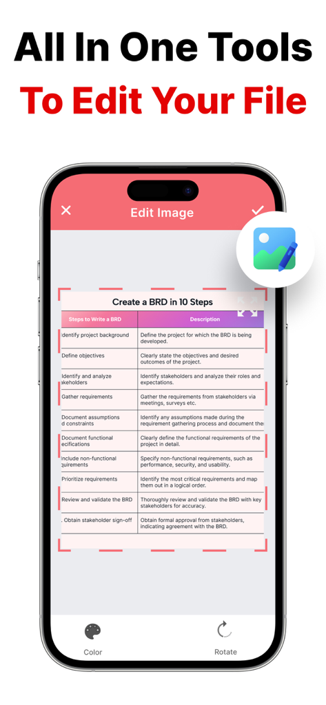 Photo to PDF - PicDoc - Screenshot of PicDoc app showing image editing and cropping tools for a document before PDF conversion