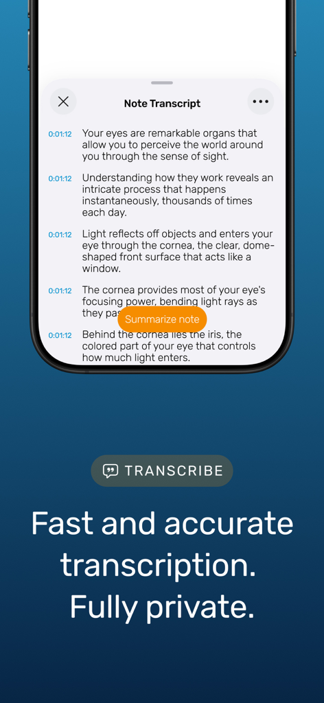 Noted: Record & AI Transcribe - Écran de smartphone affichant une transcription de note générée par IA avec un bouton de résumé dans l'application Noted